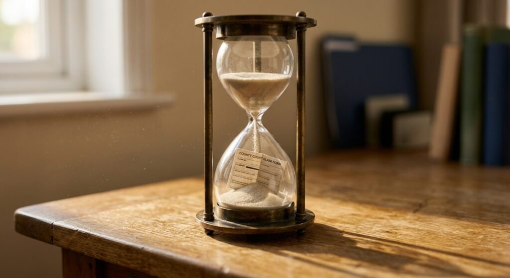 Sand falling through an hourglass onto a court claim form in the lower chamber