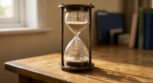 Sand falling through an hourglass onto a court claim form in the lower chamber